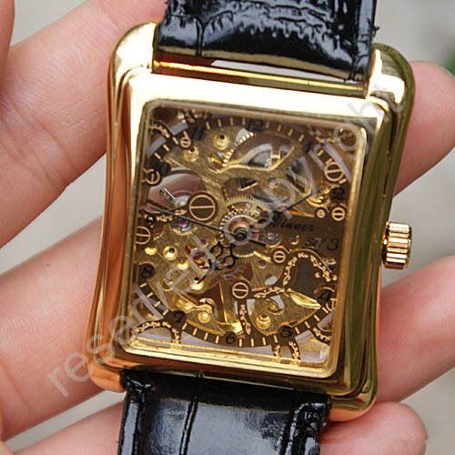 

Relogio Masculino Relojes black leather Gold Skeleton Hand Wind Mechanical Watch Unisex Women dress Watches Brand Winner
