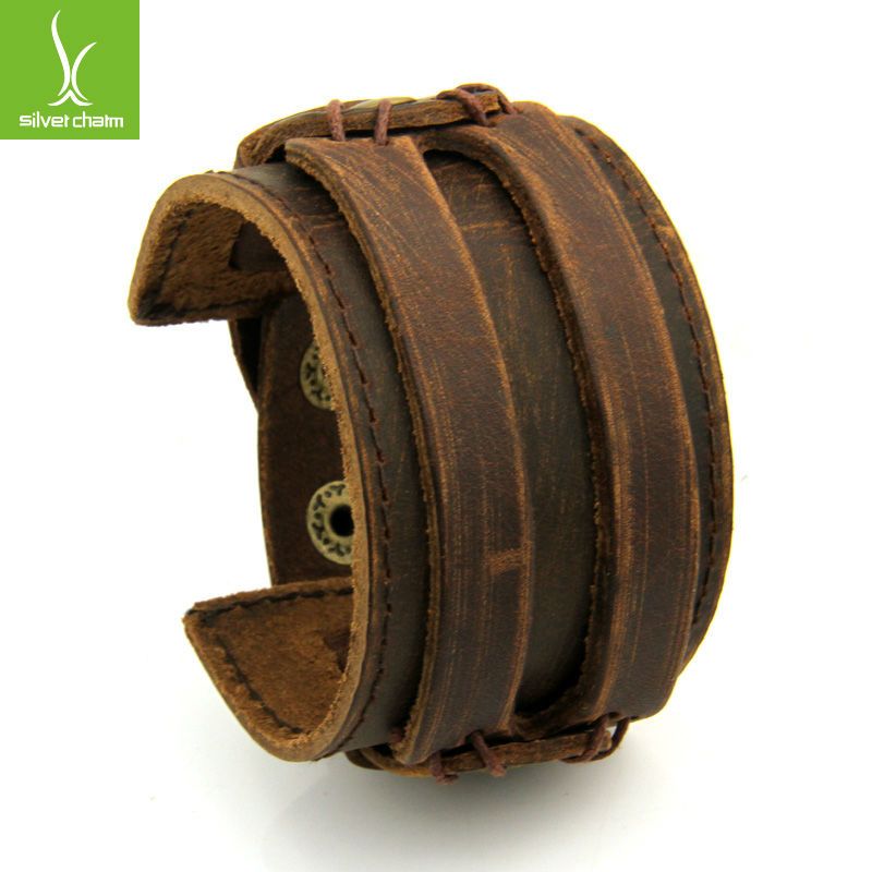 

Free Fast Shipping Leather Cuff Double Wide Bracelet and Rope Bangles Brown for Men Fashion Man Braclets Unisex Jewelry PI0296