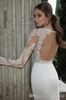 Exclusive Berta Lace Mermaid Wedding Dresses Crew Neck Sheer Long Sleeves Backless Gold Belt Chapel Train White Satin Bridal Gowns