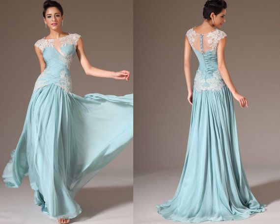 Elegant Royal Blue Prom Dresses Embroidery Lace Cap Sleeve Long Maix Chiffon Formal Evening Party Dress