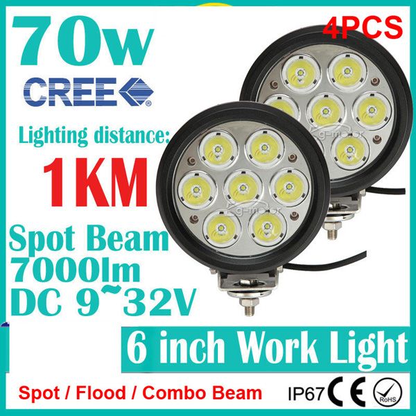 4PCS 6" 70W CREE 7LED*10W Driving Work Light Offroad SUV ATV 4WD 4x4 Spot / Flood / Combo Beam 9-32V 7000lm Replace HID Lamp Distance 1KM