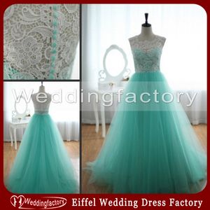 Turquoise Green Lace Tulle Prom Dresses A Line Full Length Sleeveless Illusion Jewel Neck Formal Evening Party Gowns
