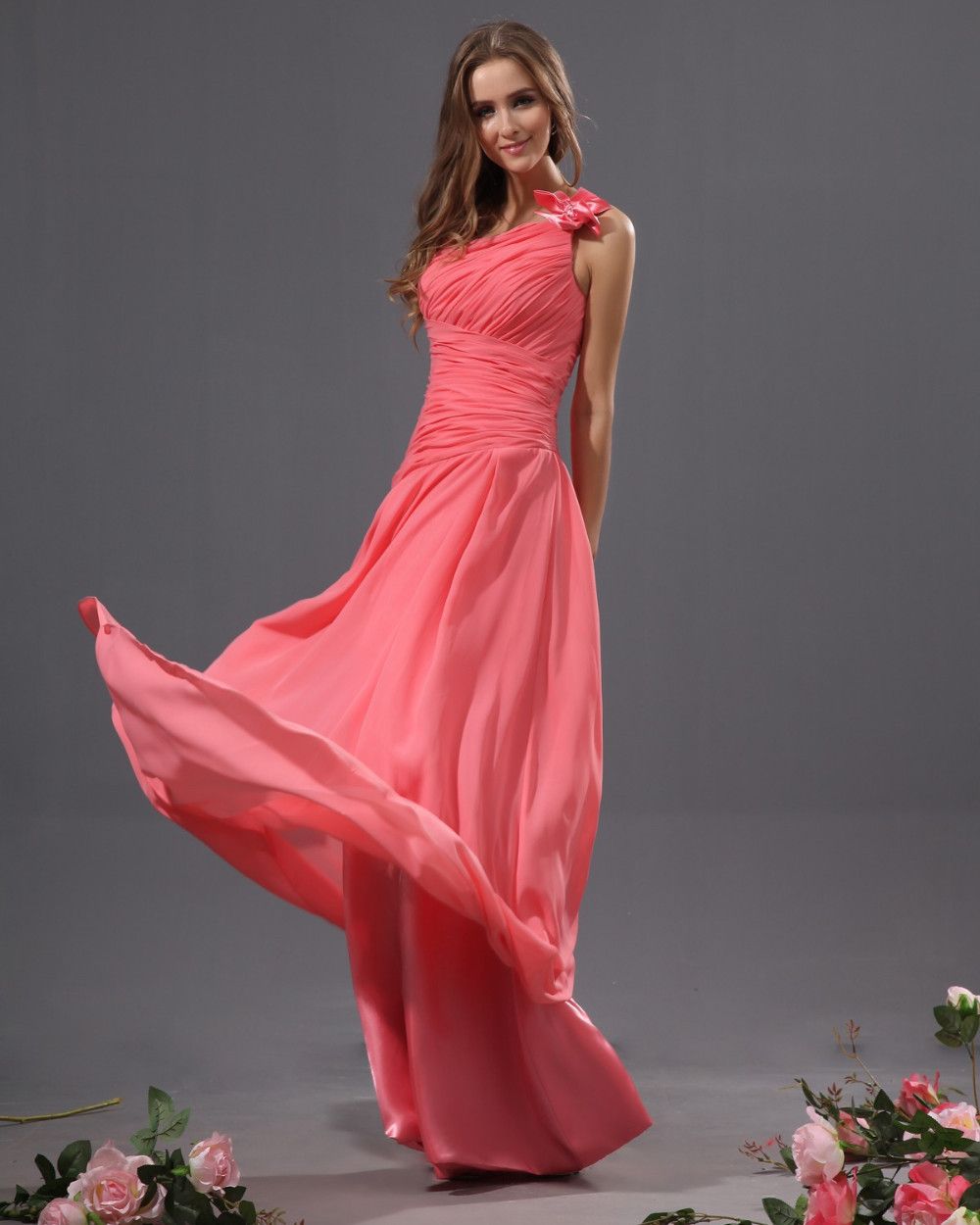 New arrival Coral chiffon Floor Length A-line One Shoulder Pleat Cheap Bridesmaid Dresses Formal Dress