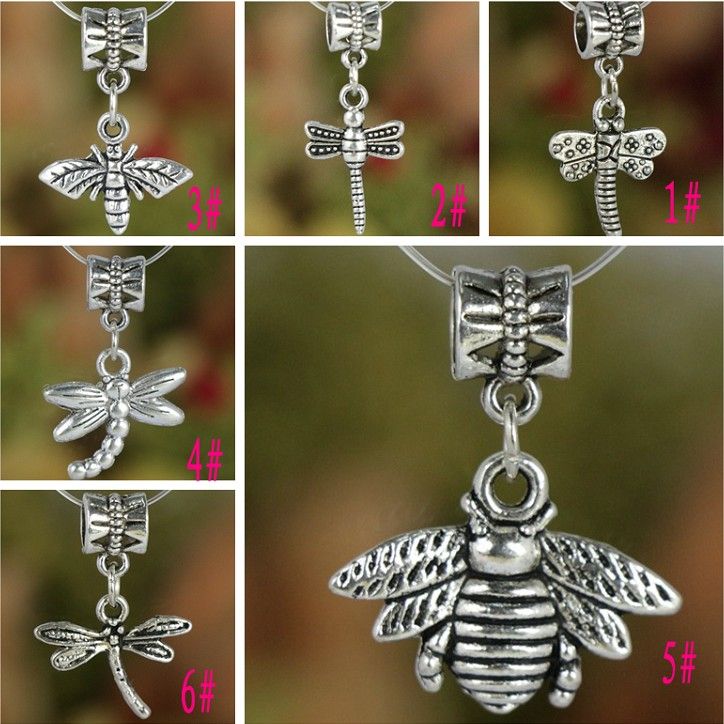 Dragonfly Bee Big Hole European Beads 100pcs/lot 6Styles Ancient Silver Fit Charm Bracelet Jewelry DIY