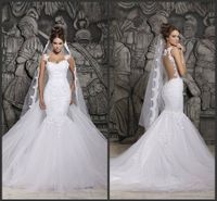 Wholesale Custom Made Beautiful Court Train Illusion Transparent Back Beaded Lace Mermaid Spring Wedding Dresses Bridal Gowns d41