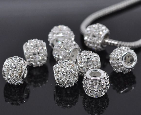 Free Shipping 10pcs Silver Plated Clear Dense Rhinestone Hollow Beads Fits European Charm Bracelet 12x11mm Jewelry Findings-image-181896612