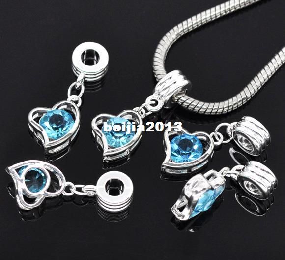 BJ-091 Free Shipping 50pcs Silver Plated Blue Rhinestone Heart Charm Dangle Beads Fits European Charm Bracelet 30x12mm-image-181898245