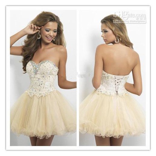 2014 Sweetheart Ball Gown Champagne Short/Mini Prom Dresses Lace ...