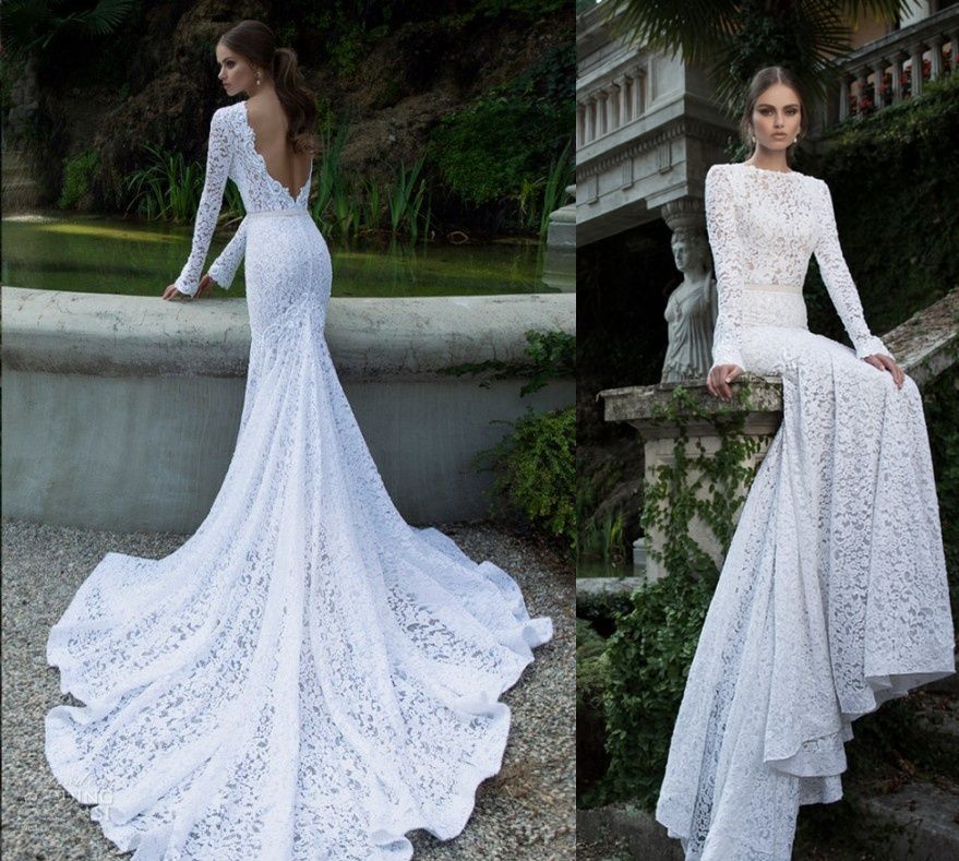 Berta Bridal Винтаж Кружевные Спинки Свадебные Платья Бато Шеи Длинные Рукава Церемониальный Шлейф Свадебные Платья Русалки