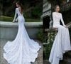 Berta Bridal Винтаж Кружевные Спинки Свадебные Платья Бато Шеи Длинные Рукава Церемониальный Шлейф Свадебные Платья Русалки