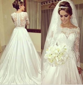 Top Selling A Line Scoop Long Sleeve Wedding Dresses Chapel Train White Elastic Wedding Gowns Lace Design Bridal Dresses