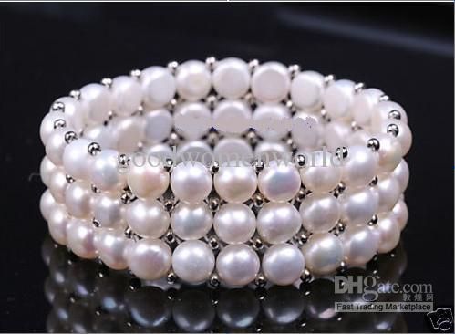 Nieuwe Multi Strand -8mm White Cultured Freshwater Pearl Armband 3