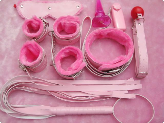 Best Value BDSM Bondage Gear Kit 7 Pieces Cuffs Gags Nipple Clamps Whips Collar Anal Plug etc Pink Color Fetish Sex Toys B0301001