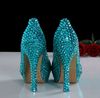 Azul bonito de salto alto pérolas de luxo strass vestido de noiva sapatos para mulher nupcial vestido de moda sapatos
