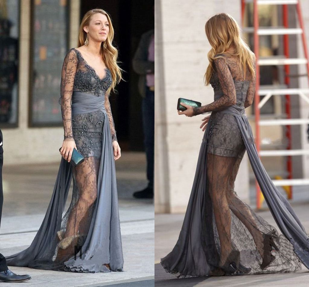 serena van der woodsen grey lace dress