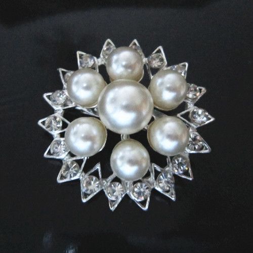 1.5 Inch Rhodium Silver Plated Cream Faux Pearl Clear Rhinestone Crystal Brooch Party Prom Pin