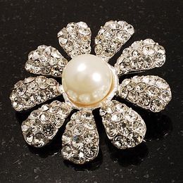 Silver Sun Flower Pearl and Rhinestone Crystal Diamante Brooch Wedding Invitation Pin Brooch