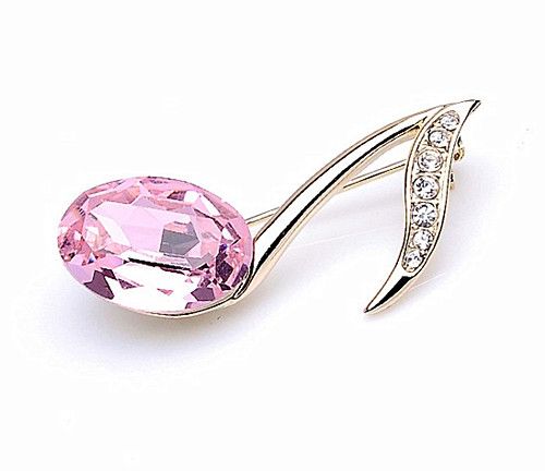 Gold Plated Rhinestone Diamante and Pink Glass Crystal Music Note Small Pin Brooch