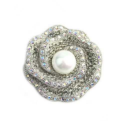 Silver Plated AB Rhinestone Crystal Diamante Pearl Flower Brooch Party Gift Pin