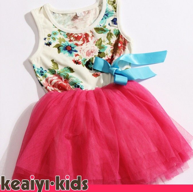 Fashion Flower Sleeveless Lace hot pink/rose red/green baby girls dress princess kids tutu dresses WZZLHT001