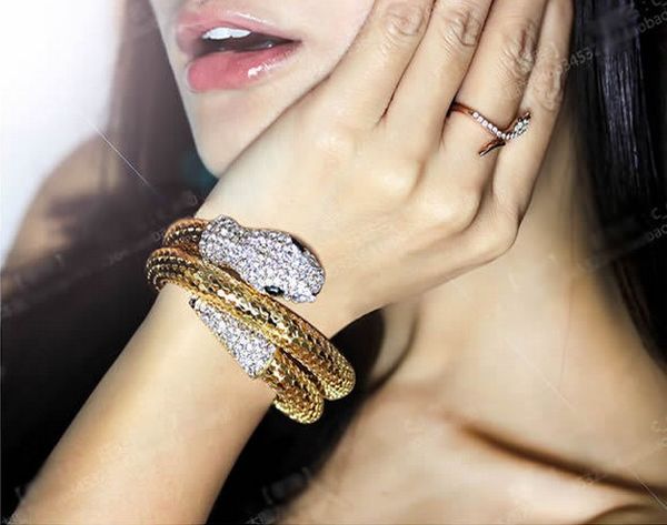 

Fashion Element Alloy Vintage Retro Punk Crystal Chunky Curved Stretch Rhinestone Gold Snake Cuff Bangle Bracelet Wristband Christmas Gift