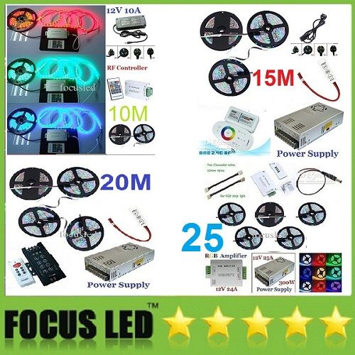 10M 15M 20M 25M RGB SMD 5050 Waterproof Led Strips Light + Remote Control + Power Supply