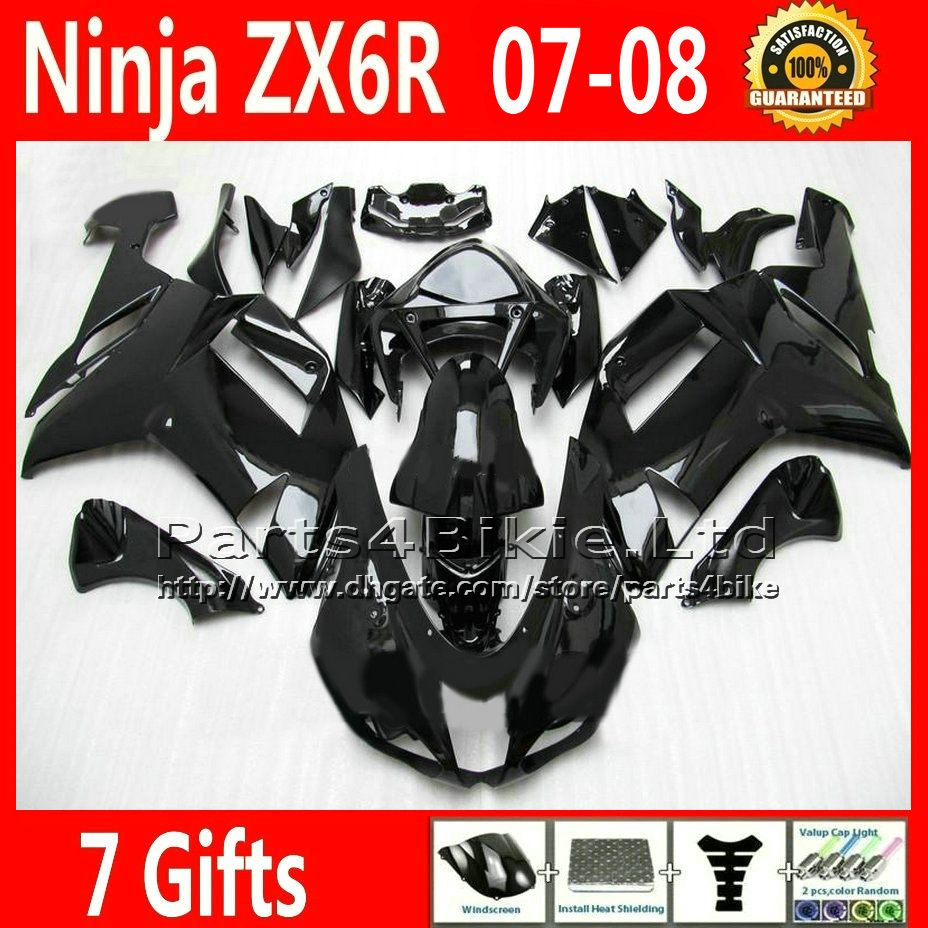 7 Geschenke Verkleidung für Kawasaki ZX6R 2007 2008 Ninja 636 Verkleidung Kit ZX636 07 08 ZX6R alle glänzend schwarz benutzerdefinierte ZX-6R Motobike UH9C
