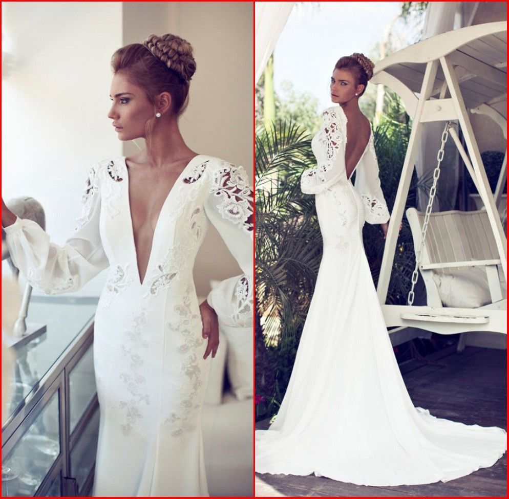 

Nurit Hen 2014 Wedding Dresses so Sexy Deep V Neck Hollow Long Sleeve Open Back Dress Mermaid Court Train Modern Lace Bridal Gowns New W366, White
