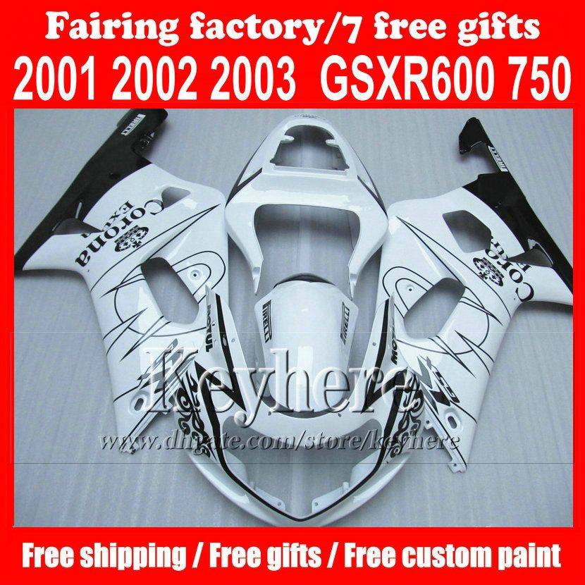Custom ABS Fairing Kit for Suzuki K1 GSXR 600 R750 01 02 03 GSXR600 GSXR750 2001 2002 2003 2003 WHITE CORONA Extra fairings kit body work