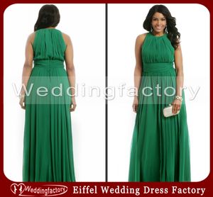 Venda quente de alta qualidade esmeralda verde plus size vestidos formais um tripulação de linha sem mangas ruched chiffon noite vestidos de festa personalizado feito sob encomenda