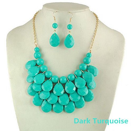 

9 colors in stock-Resin 3 Layers Faceted Tear Drop Bib Necklaces/Statement Necklaces and Earrings Sets, Golden