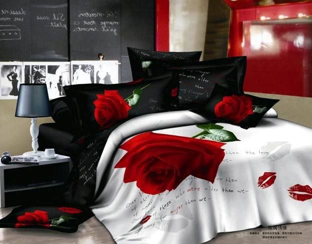 3d Black And White Red Rose Flower Lips Bedding Comforter Set
