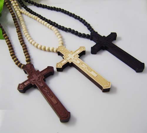 60pcs/Lot Hip Hop Bon Collier Chaîne de  JESUS CHRIST Croix Pendentif en Bois Perles