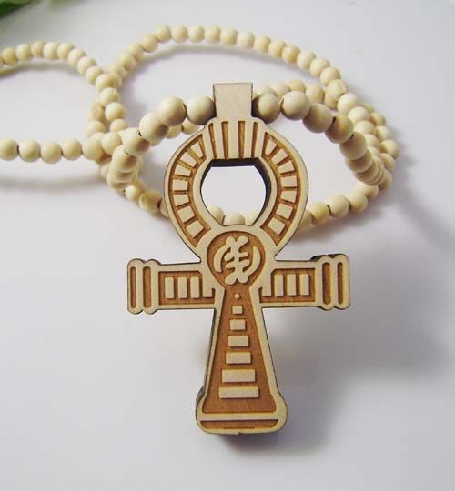 Hip Hop Ankh Pendant Necklace With Wooden Beads Chain Religionary Jewelry Good Random Color
