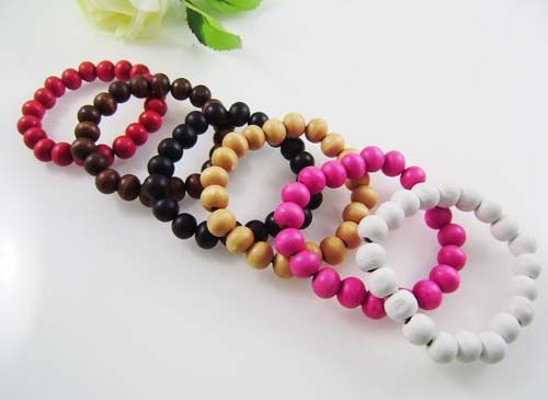 Vente en Gros Pas Cher Rougee Marron Kaki Rose Blanc Noir Etiré Bracelet Fils Perles en Bois 10MM