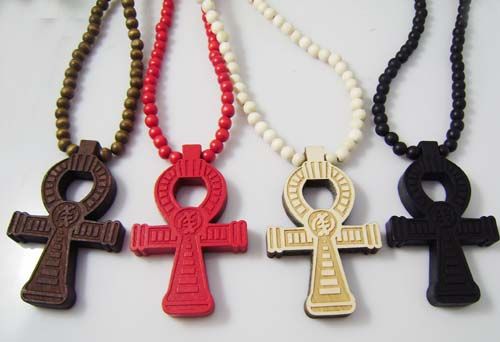 Hip Hop Ankh Pendant Necklace With Wooden Beads Chain Religionary Jewelry Good Random Color