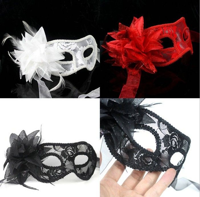 sexy Black white red Women Feathered Venetian Masquerade Masks for a masked ball Lace Flower Masks HJIA8705624537