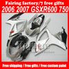 Anpassad motorcykel ABS Body Fairing Kit för Suzuki 2006 2007 GSXR 600 750 FAIRINGS SET GSXR600 R750 06 07 White Silver Bodywork