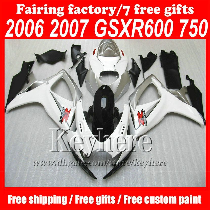 Kit de carenado de cuerpo de ABS de moto gratis personalizado para Suzuki 2006 2007 GSXR 600 750 carenados GSXR600 06 GSX750 07 carrocería de plata blanca