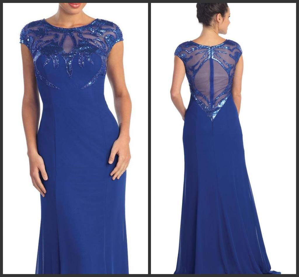2025 Royal Blue Chiffon Sequins Crew Floor Length Mother Of The Bride