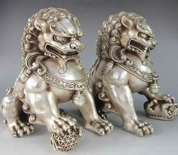 Chinese Silver Guardian Lion Foo Fu Dog Statue Un par