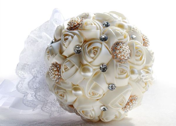 In Stock Gorgeous Wedding Bouquet Silk Roses Flowers With Beads