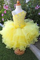 Güzel Sevimli Pageant Glitz Cupcake Pageant Elbiseler Toddler Kız Çiçek Organze Boncuklu Kabarık Sarı Elbise Dantelli