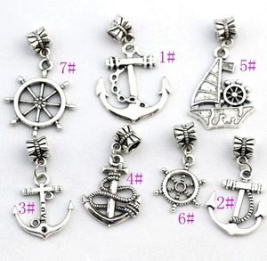 100st / mycket 7styles Antiqued Silver-Finished Anchor Segelbåt Charm Pärlor Passa European Armband Smycken DIY B005 B003 B001 B002