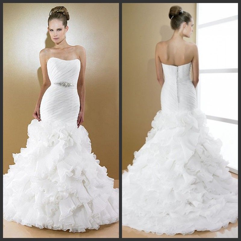 2014 White Mermaid Wedding Dresses Organza Sweetheart Buttons Back ...