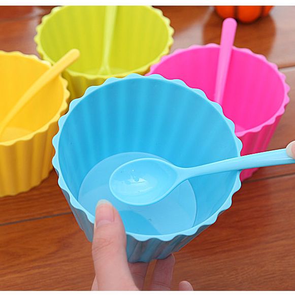 Candy Color Plastic Ice Cream Cup And Spoon Lacework Ice Cream Tub Bowl