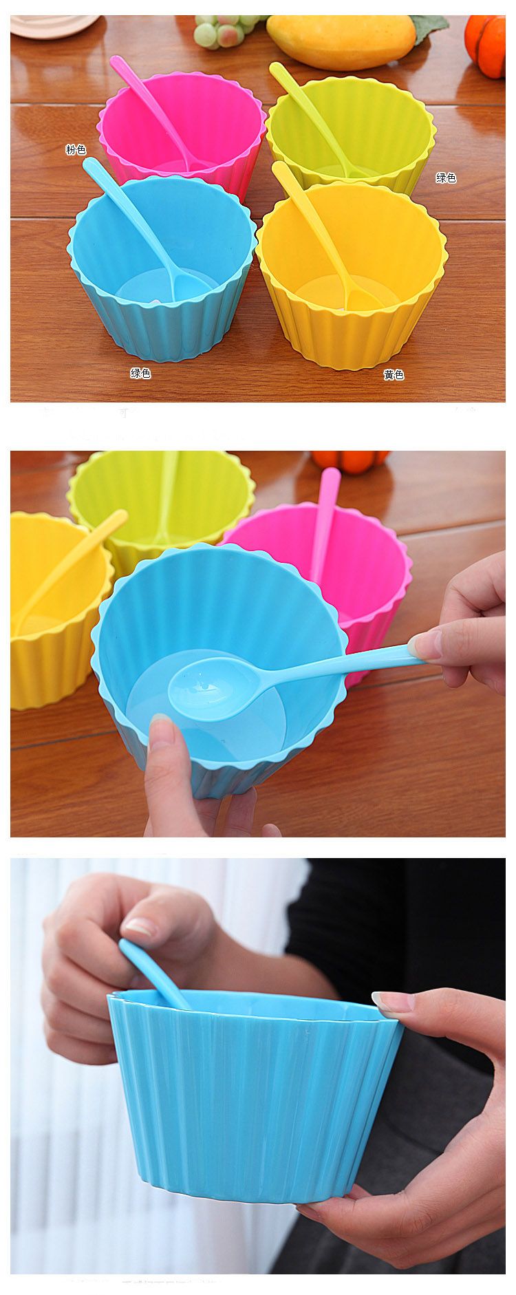 Candy Color Plastic Ice Cream Cup And Spoon Lacework Ice Cream Tub Bowl