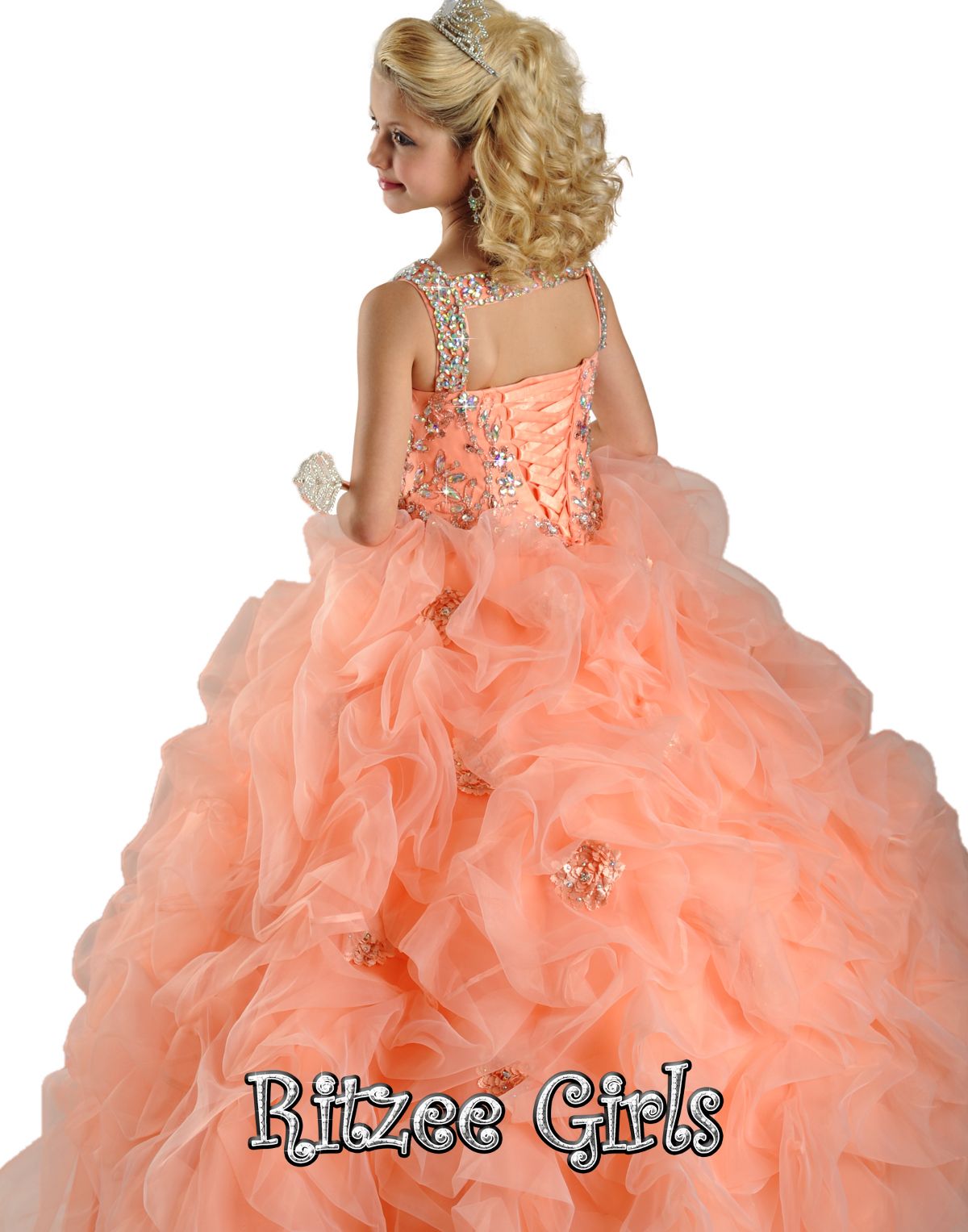 Çocuklar Balığa Spagetti Turuncu Organze Kristal Boncuk Lace Up Pageant Elbiseler Küçük Kız Pageant Elbiseler