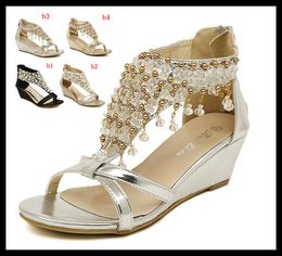 2014 New Silver Gold Wedding Bride Shoes Bohemian Shiny Beaded Sandals Shoes sexy women low-heeled wedge sandals ePacket free shipping