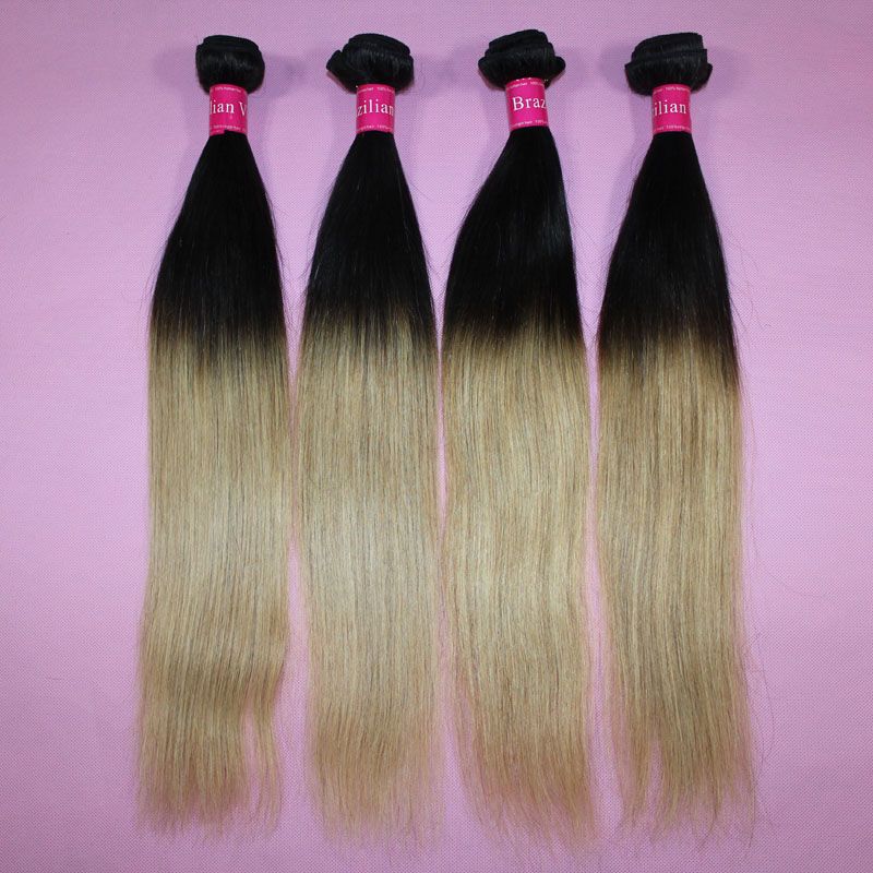 Brasilianska rakt hårväv Ombre Mänskligt hår väft Två tonfärg 100 peruanska hårbuntar 1b / 27 1b / 30 1b / 99j 1b / röd
